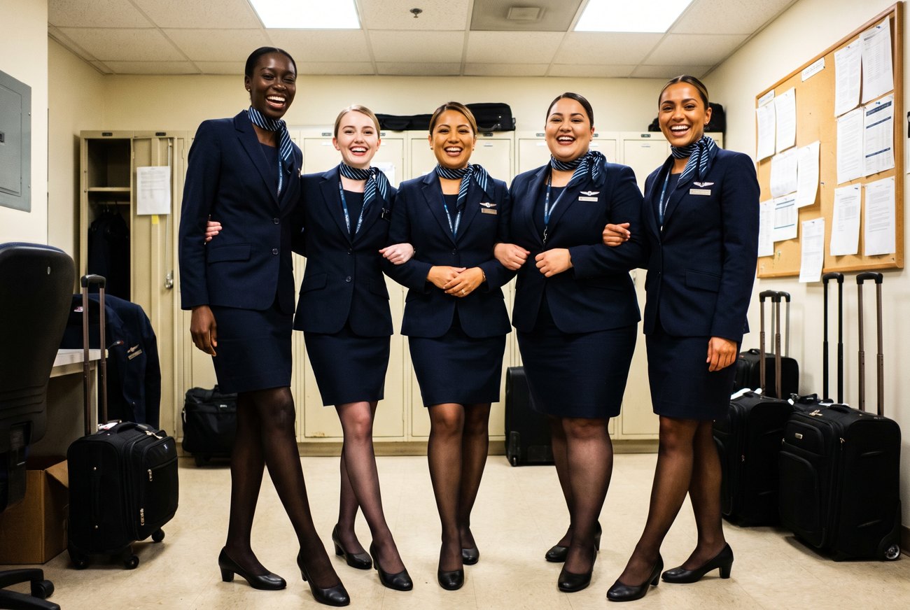 Flight attendants of different heights, sizes and skin tones, all wearing the tights